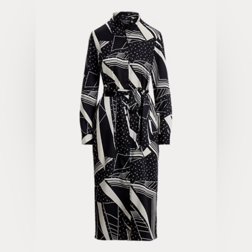 NWT Ralph Lauren Geo-Print Belted Sateen Silky Twill Shirtdress Black Cream 18 - Picture 12 of 16